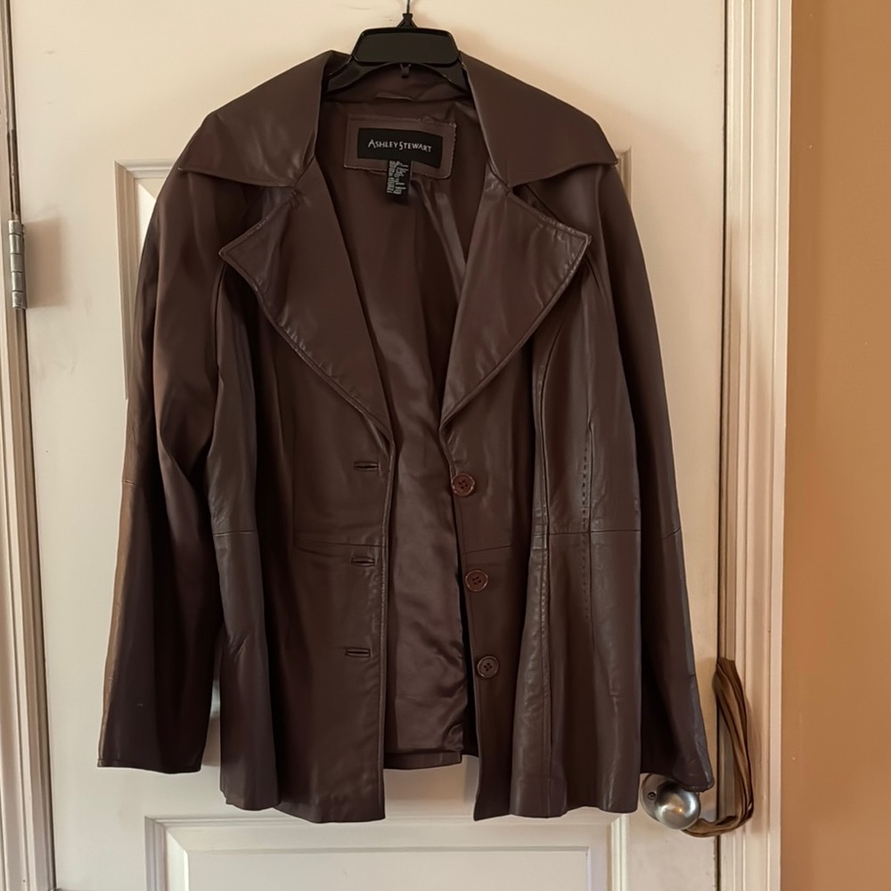 Ashley Stewart Chocolate Brown Leather Button-Up Jacket
